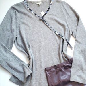 NWT TALBOTS GRAY SILVER COTTON BLEND V-NECK SEQUIN SWEATER SZ XL